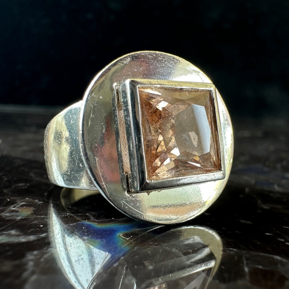 MCM Inspired Vintage Elle Sterling Silver Peach Pink Circle Square Shapes Ring